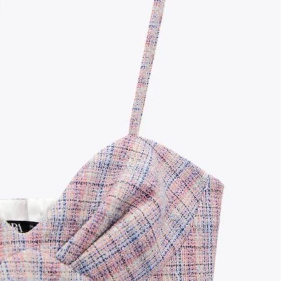 NEW Zara Tweed Boucle Knit Corset Crop Top Bralette Pink & Blue Metallic Medium - Picture 10 of 16